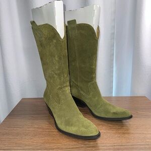 Gianni Bini Olive Green Suede Western Boots Block Heel Calf-High Size 6.5